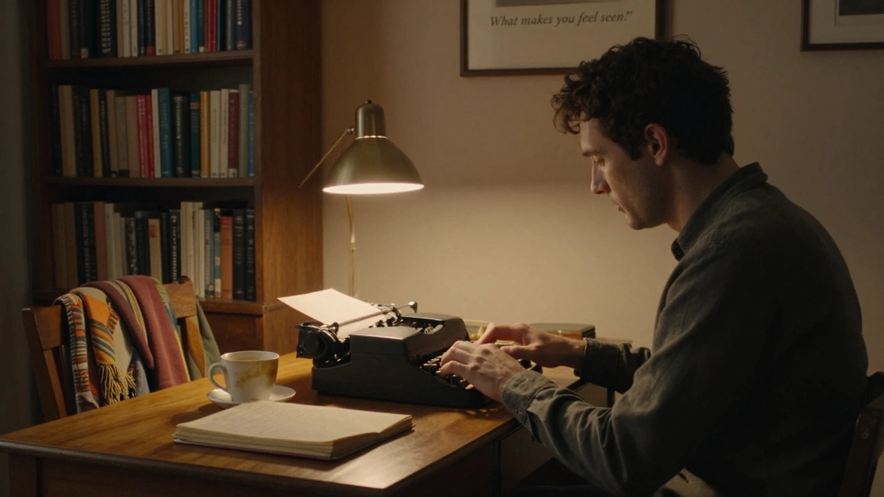 A man watches his partner type at a vintage desk in a warm, book-filled Parisian apartment.
