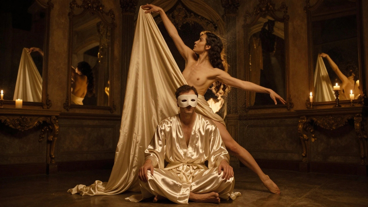 A masked man watches a silent erotic dance performed with silk and candlelight in a historic chamber.