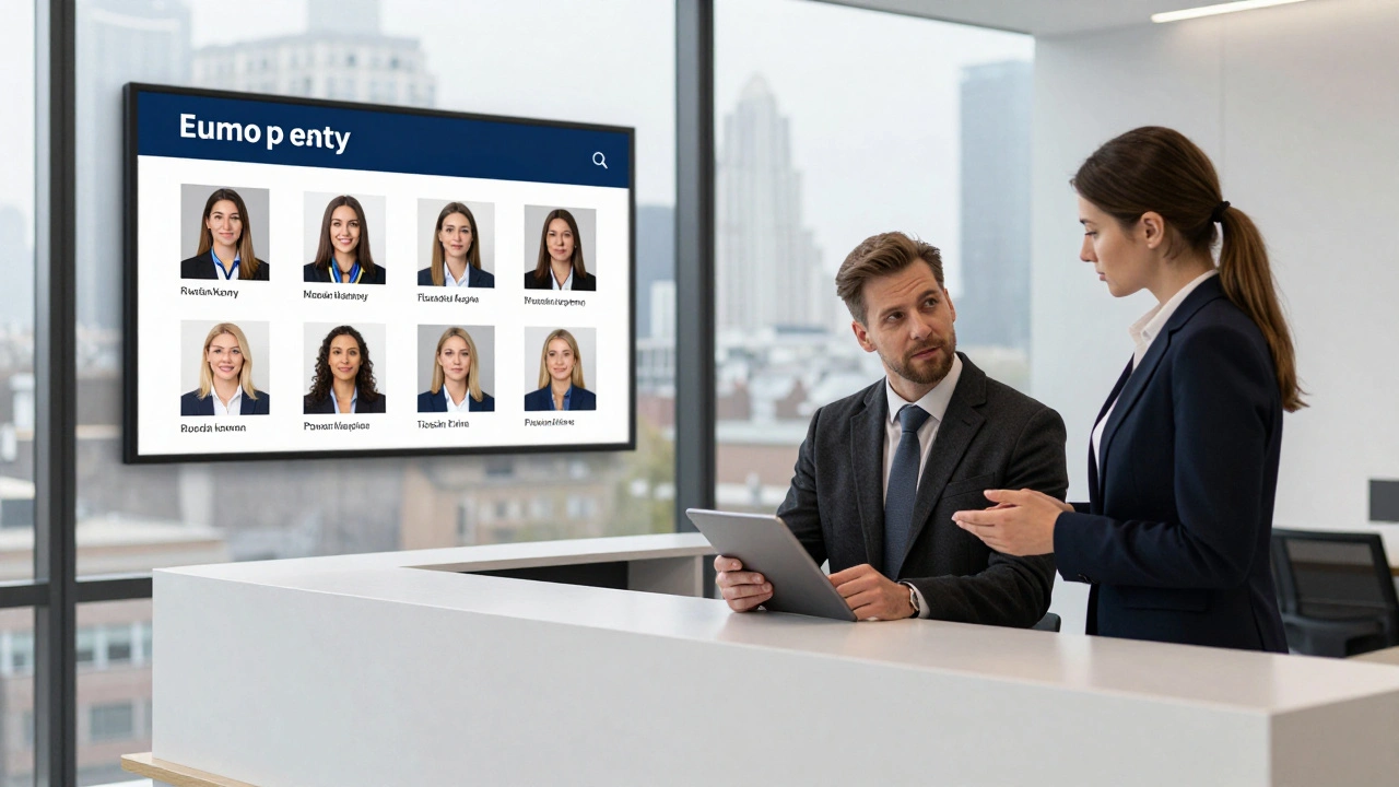 A professional agency office in London showing vetted European companions on a digital screen.