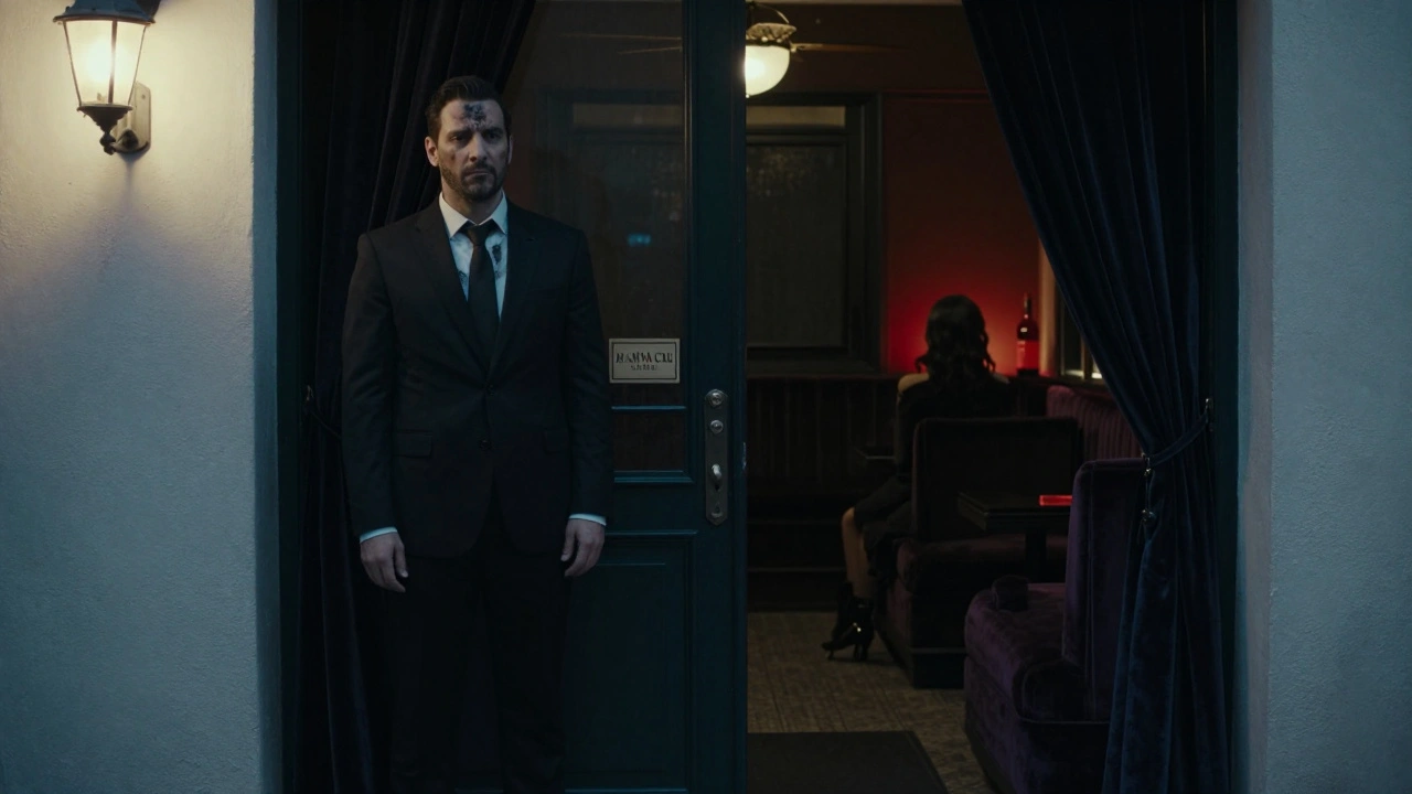 A scarred bouncer nods at a man in a black suit at a hidden club entrance, velvet curtains parting slightly in the night.