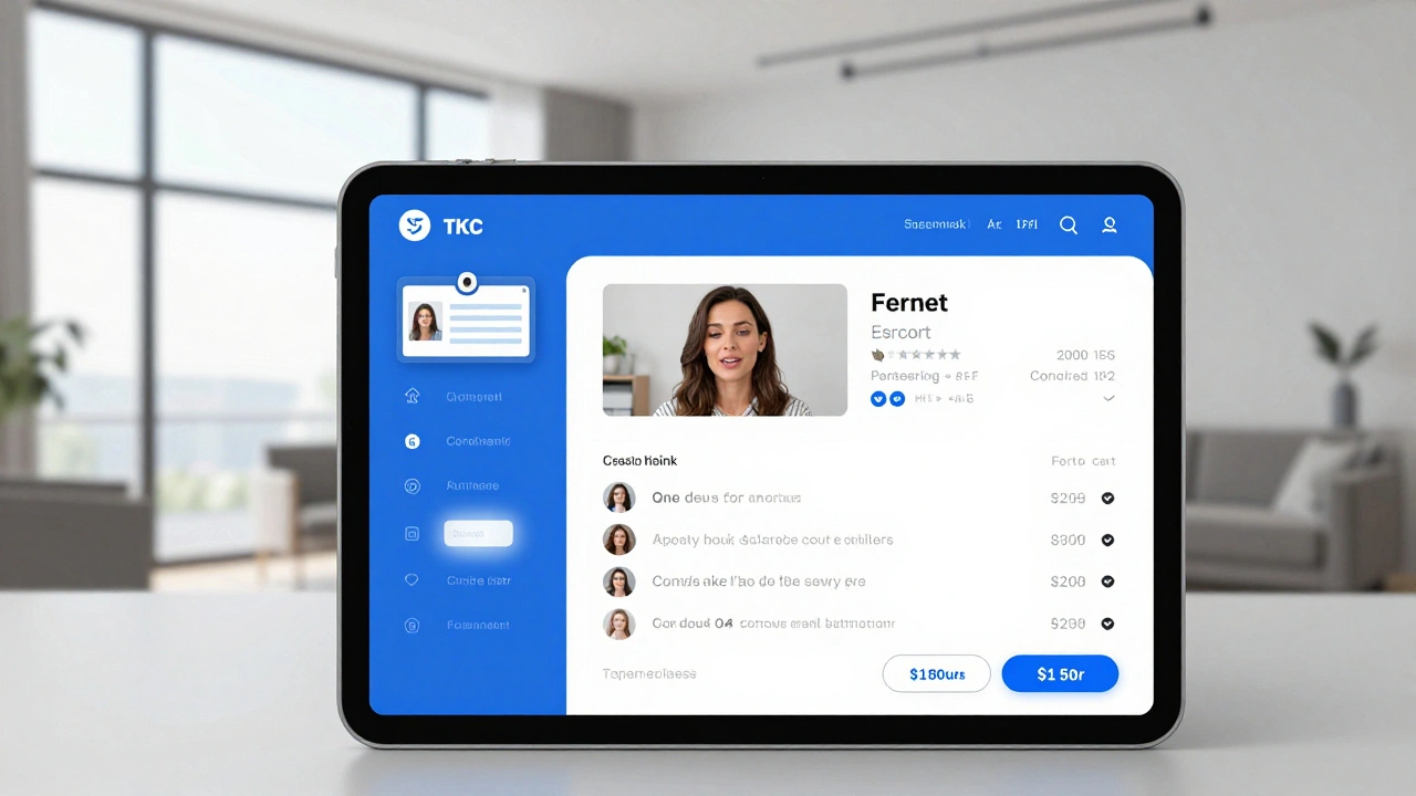 A tablet displaying a verified escort profile with a live video call and client reviews.