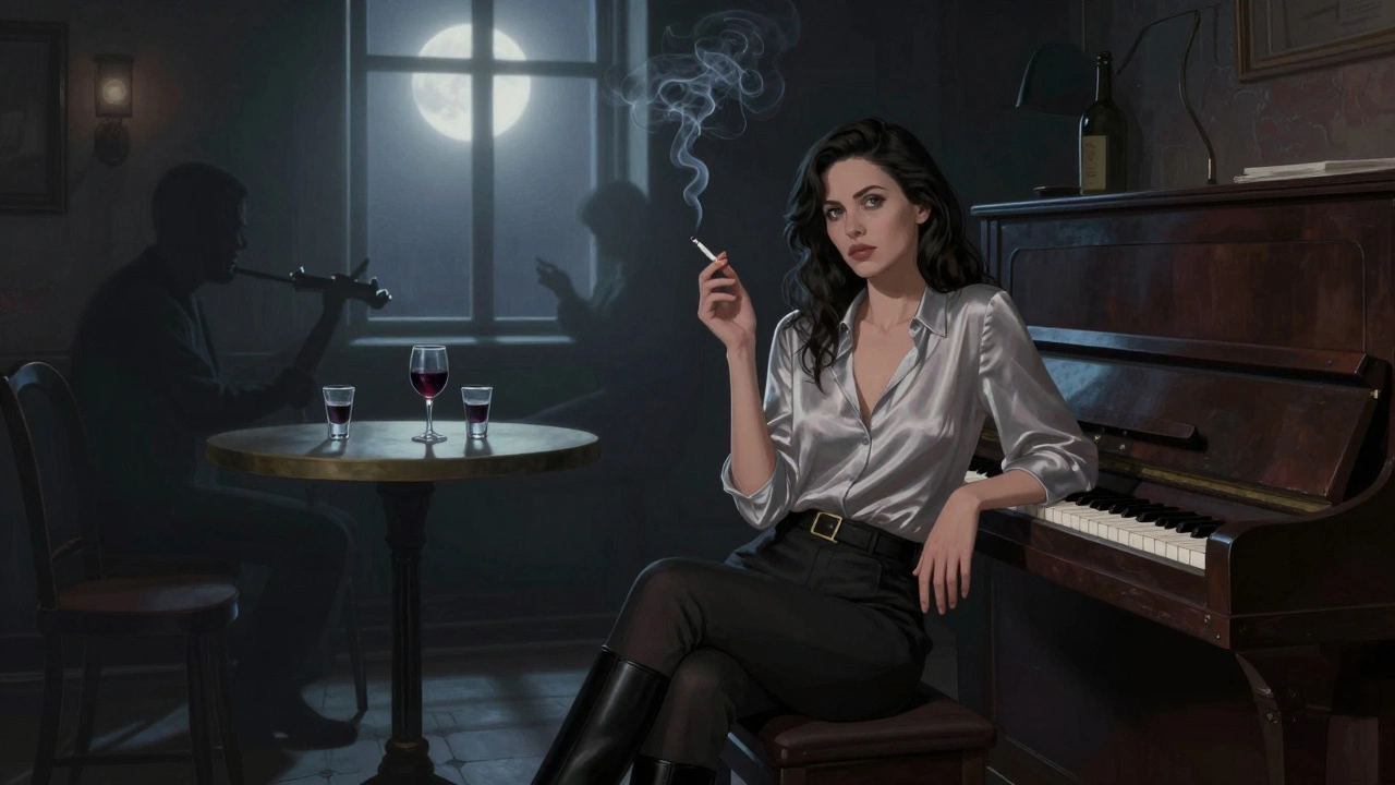 A woman in a Bucharest basement club sits calmly beside a piano, cigarette smoke curling, moonlight casting quiet shadows around her.