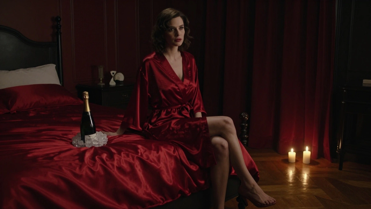 A woman in a crimson robe sits silently in a private Parisian room with champagne and candlelight.