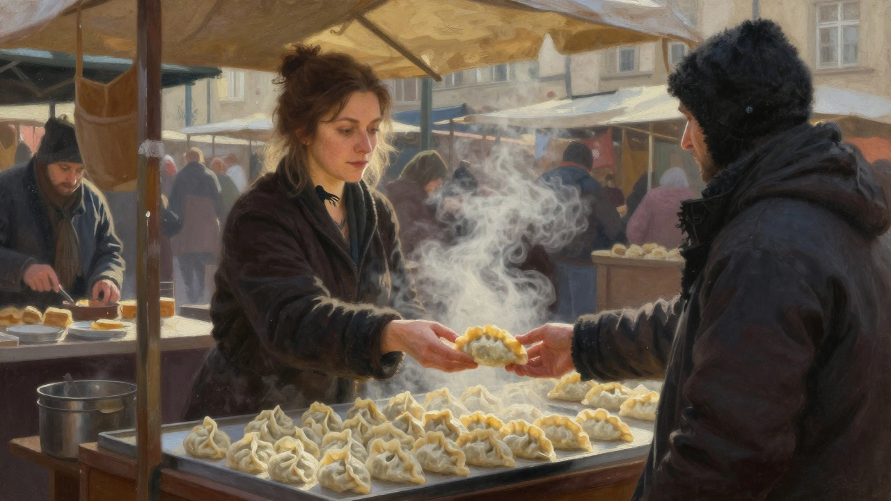 A woman in Krakow hands a pierogi to a shadowed customer at a market cart, a raven tattoo visible on her collarbone.