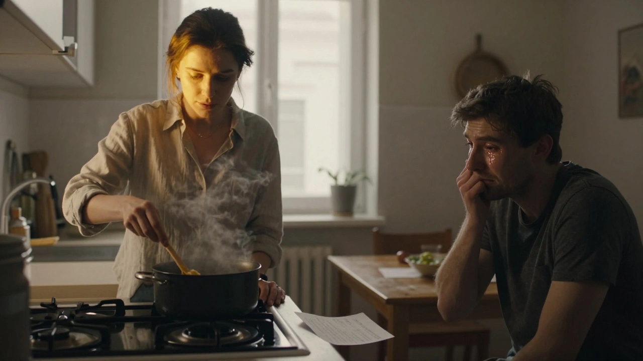 A woman stirs pasta in a quiet Chisinau kitchen, glancing back at a man who is moved to tears by the stillness between them.