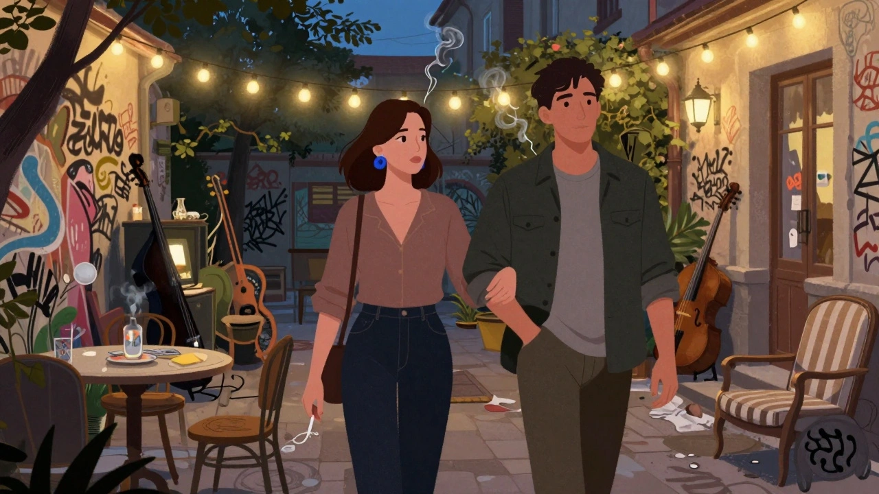 A woman with blue earrings walks beside a man through a vibrant Budapest courtyard, their hands nearly touching in the warm night air.