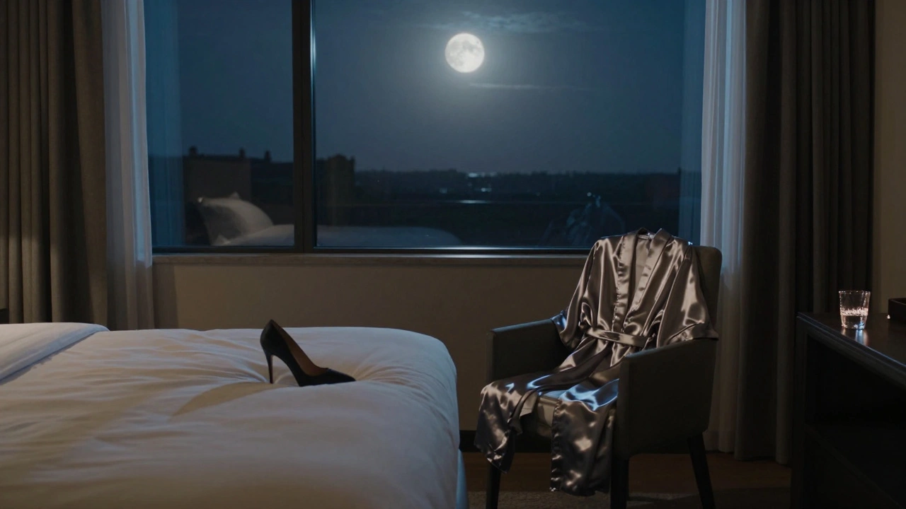 An empty hotel suite at 3 a.m., moonlight on an unmade bed, a silk robe and high heel left behind.