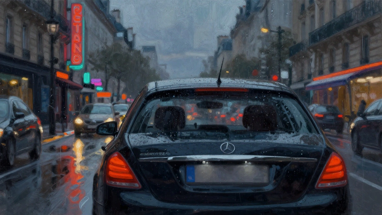 Blurred Paris city lights seen through a rainy car window