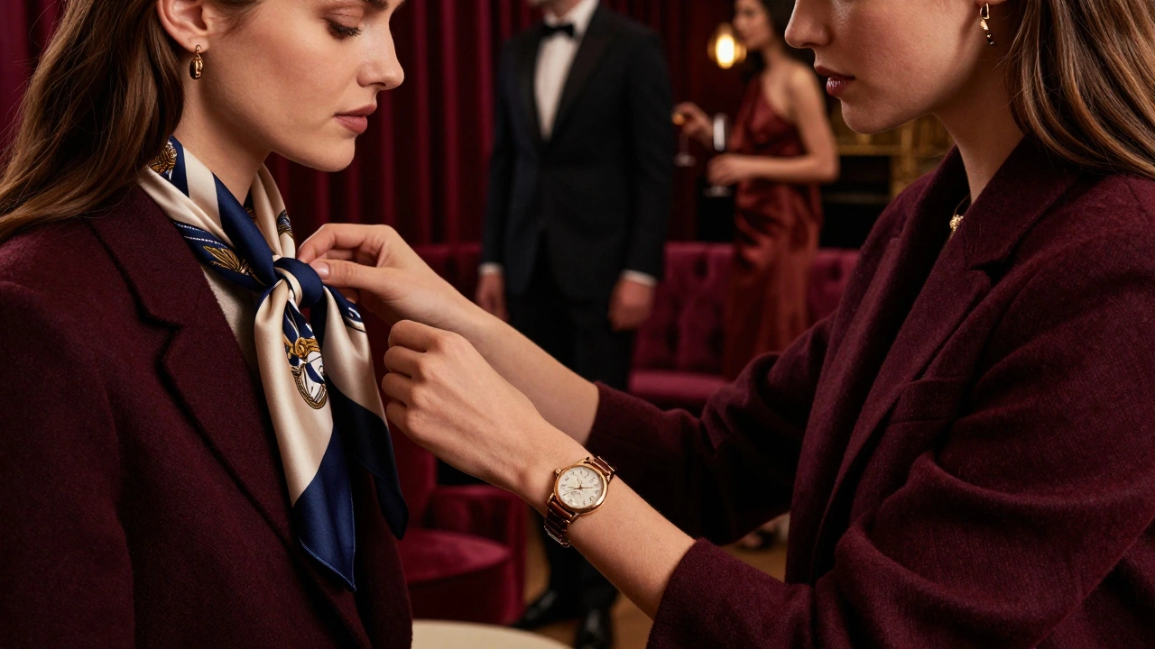 Close up of luxury fashion accessories and handshake in a dim lounge setting
