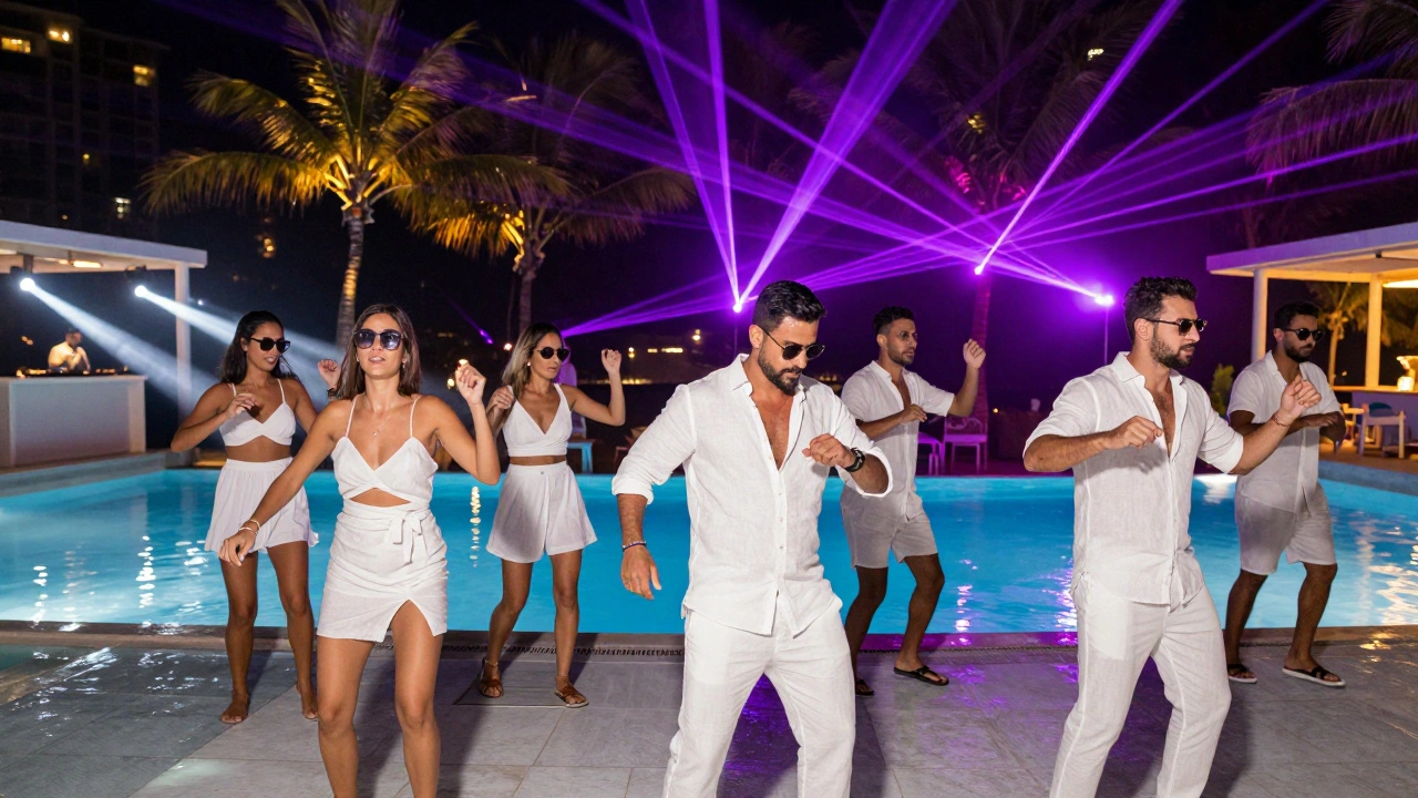 Crowd in all-white outfits dancing by a pool under laser lights.