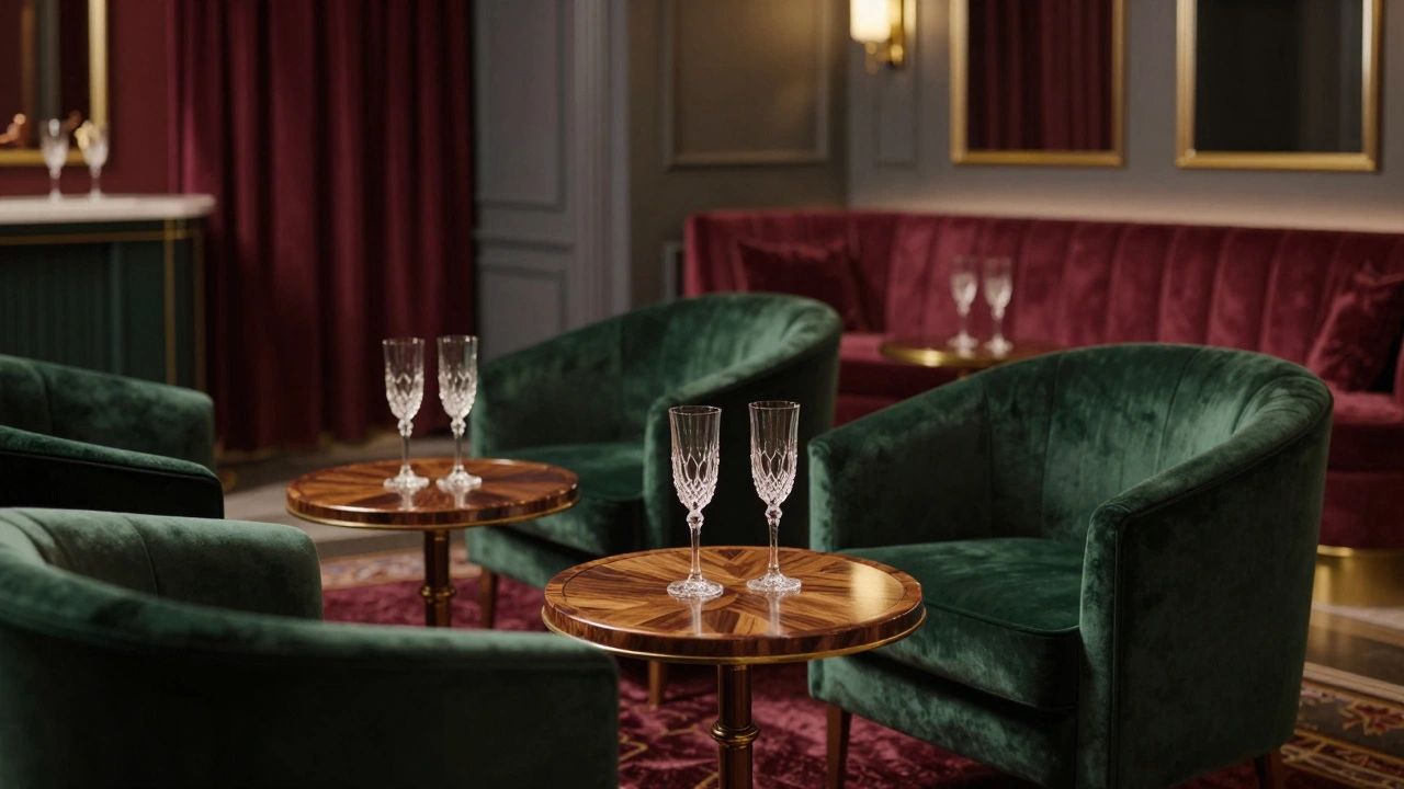 Exclusive private lounge interior with elegant furniture and drinks