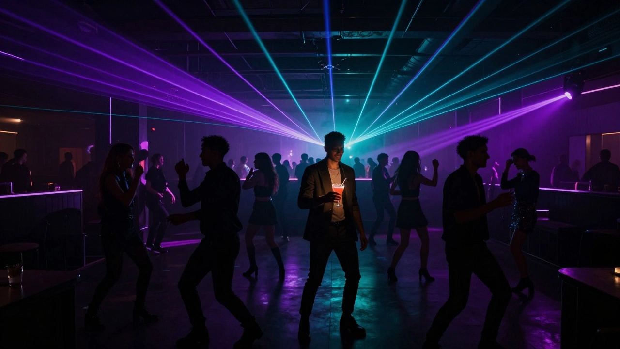 Fashionable crowd dancing under laser lights inside a club