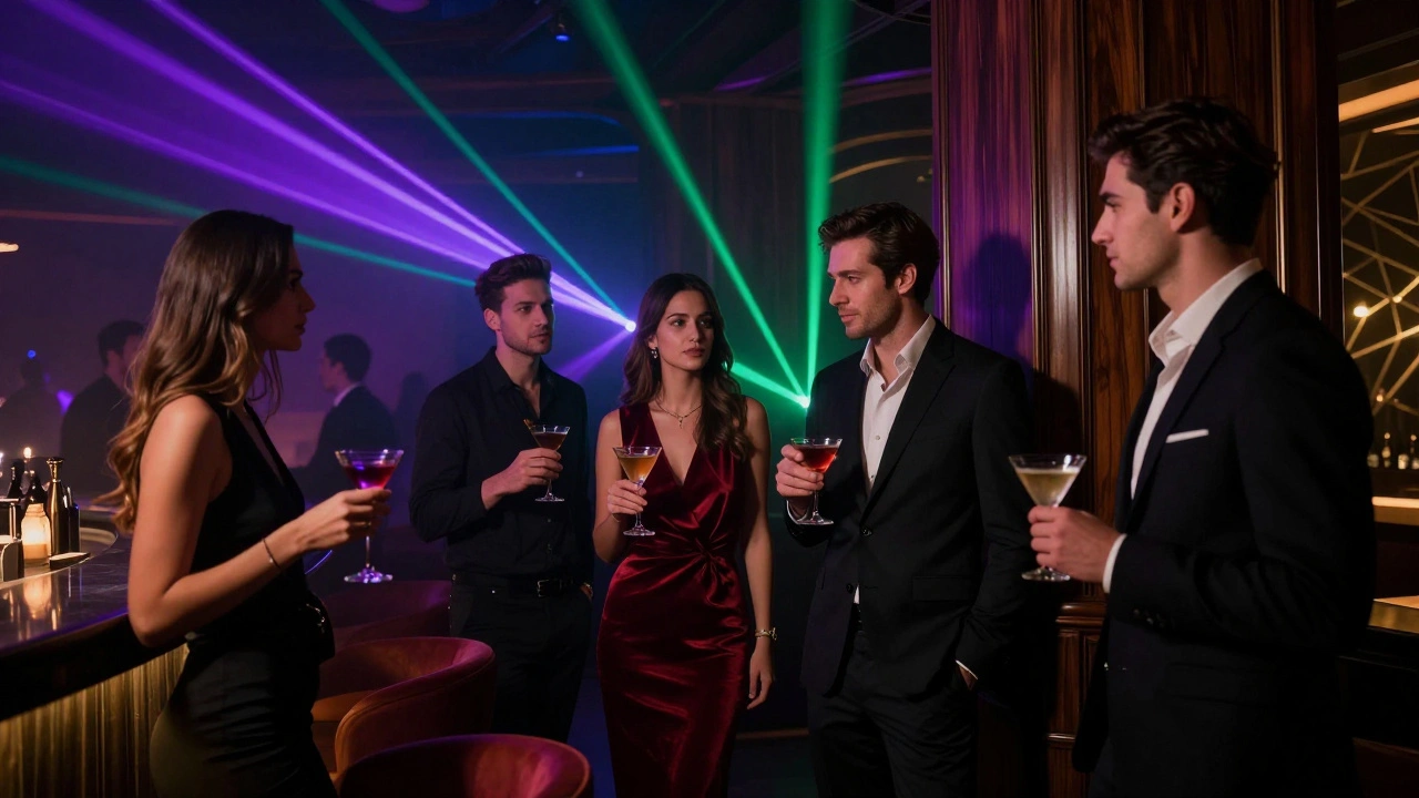 Interior of a luxury nightclub featuring neon lights, dark wood, and guests holding drinks.