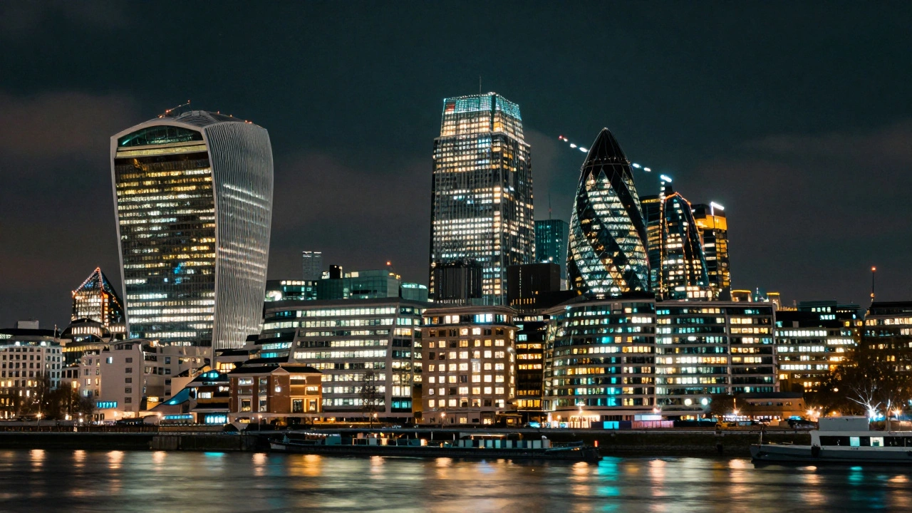London skyline at night reflecting wealth and city energy.