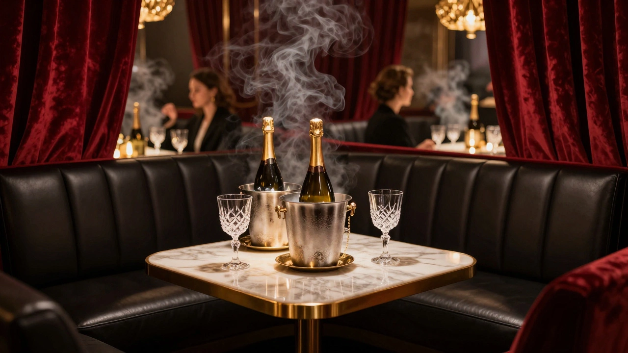 Opulent VIP lounge interior with leather sofas and cocktails.