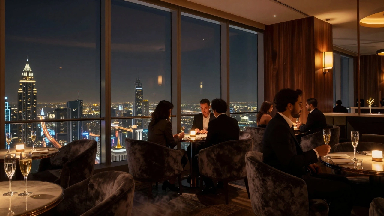 People drinking champagne in a high-rise lounge overlooking the city.