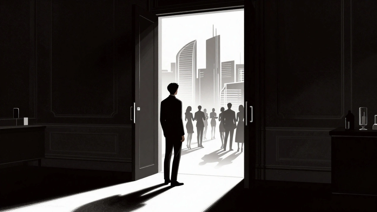 Silhouette of figure looking into a brightly lit exclusive party venue