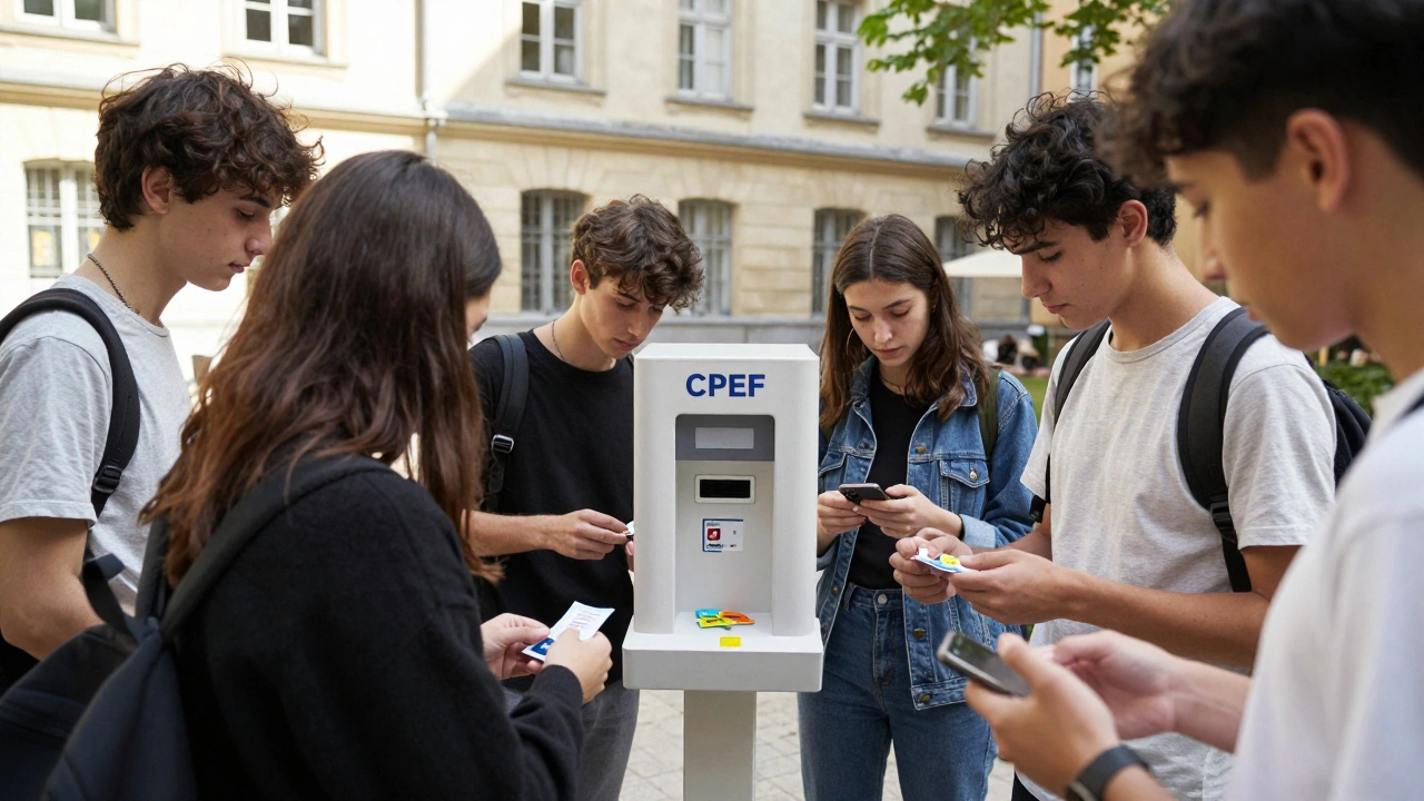 Students discreetly take free condoms from a dispenser near La Sorbonne, surrounded by historic buildings.