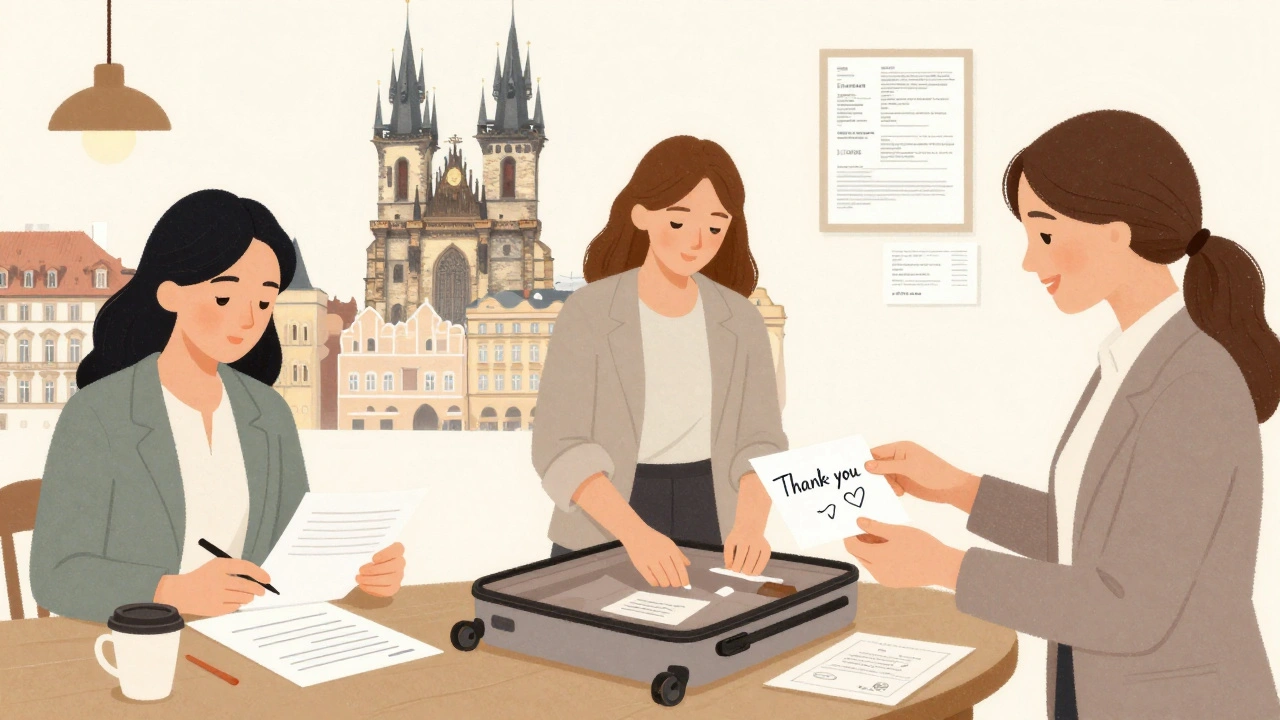 Three professional women in Prague, Barcelona, and Stockholm, each shown in their daily life of independence and dignity.