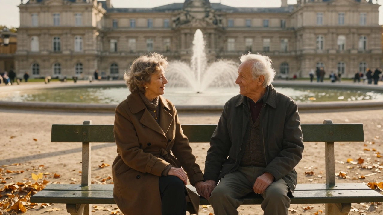 Two couples sitting silently together in Luxembourg Garden, sharing peaceful presence.