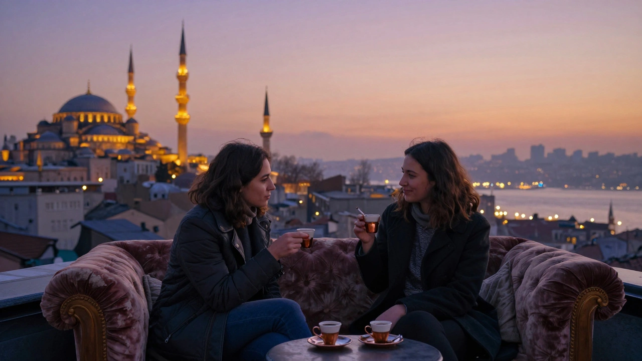 Two strangers on a rooftop at dawn in Istanbul, sharing coffee as the city glows below with golden light.